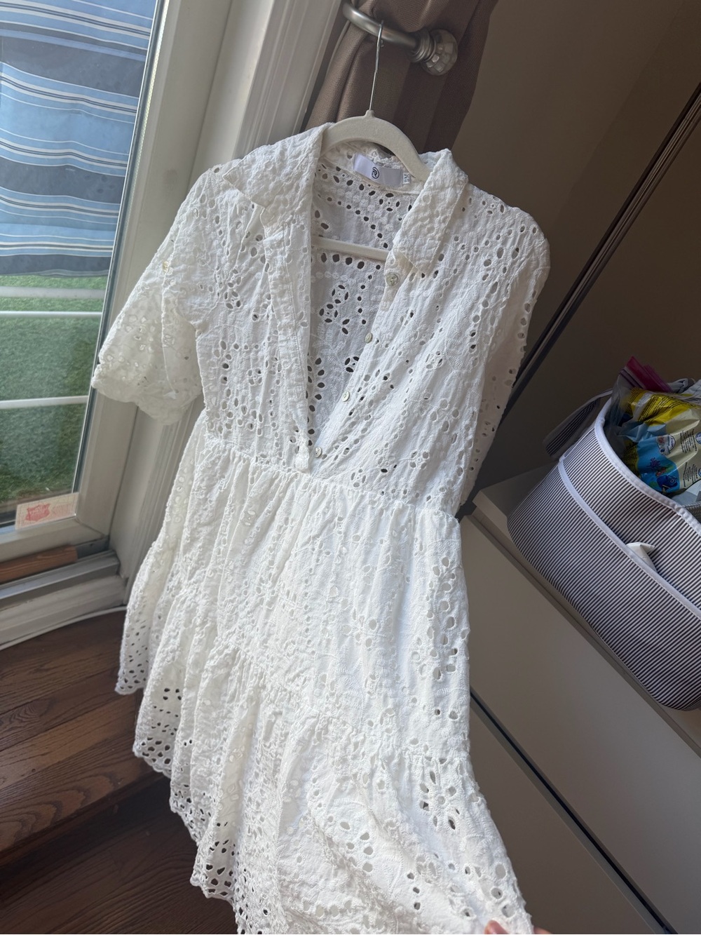 White Eyelet button up Tiered Dress with Short Sleeves 100% cotton